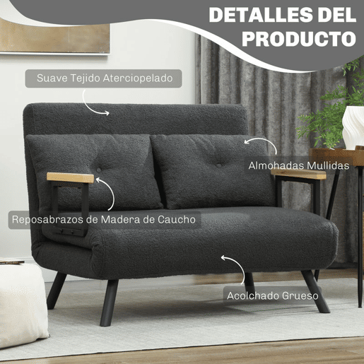 HOMCOM Sofá Cama Sofá Convertível em Cama de 2 Lugares Dobrável com Encosto Ajustável em 5 Níveis e 2 Almofadas Acolchoadas para Escritório Dormitório Sala de Estar 102x73x81 cm Cinza