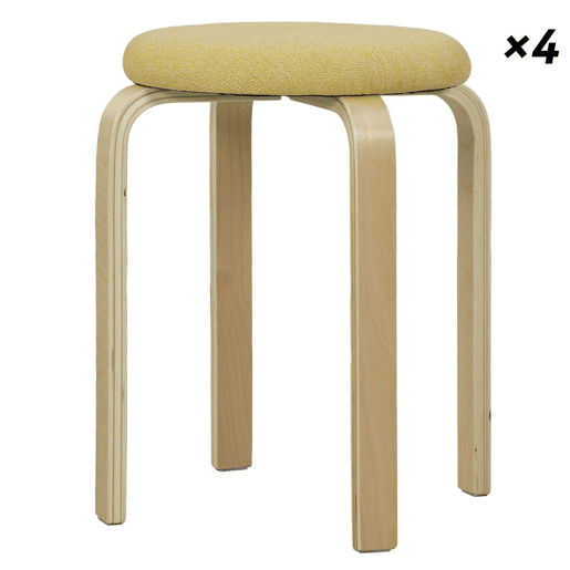 HOMCOM Conjunto de 4 Bancos Empilháveis Redondos Bancos Baixos de Cozinha com Assento Acolchoado para Sala de Jantar Quarto Escritório Sala Amarelo e Madeira