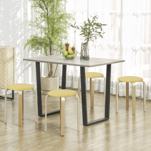 HOMCOM Conjunto de 4 Bancos Empilháveis Redondos Bancos Baixos de Cozinha com Assento Acolchoado para Sala de Jantar Quarto Escritório Sala Amarelo e Madeira