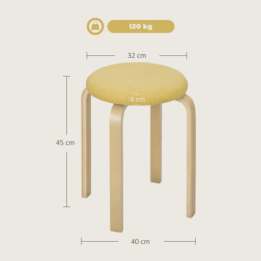 HOMCOM Conjunto de 4 Bancos Empilháveis Redondos Bancos Baixos de Cozinha com Assento Acolchoado para Sala de Jantar Quarto Escritório Sala Amarelo e Madeira