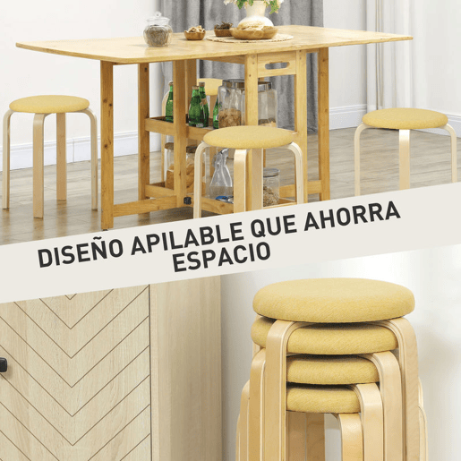 HOMCOM Conjunto de 4 Bancos Empilháveis Redondos Bancos Baixos de Cozinha com Assento Acolchoado para Sala de Jantar Quarto Escritório Sala Amarelo e Madeira