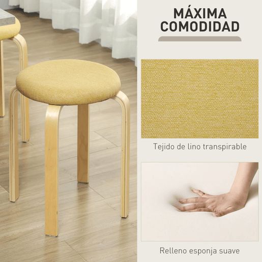 HOMCOM Conjunto de 4 Bancos Empilháveis Redondos Bancos Baixos de Cozinha com Assento Acolchoado para Sala de Jantar Quarto Escritório Sala Amarelo e Madeira