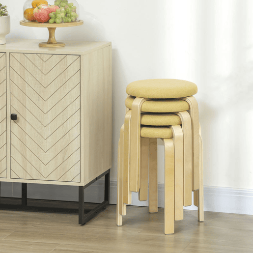 HOMCOM Conjunto de 4 Bancos Empilháveis Redondos Bancos Baixos de Cozinha com Assento Acolchoado para Sala de Jantar Quarto Escritório Sala Amarelo e Madeira
