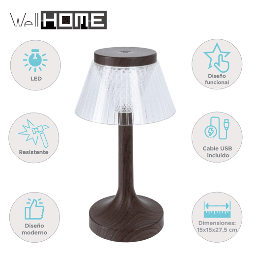 Luminária de mesa LED com efeito madeira recarregável Well Home Ø15x27,5cm