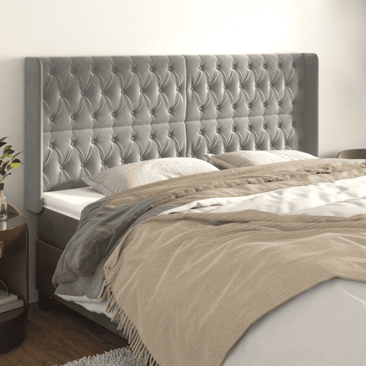 vidaXL Cabeceira cama c abas veludo 203x16x118128 cm cinzento-claro