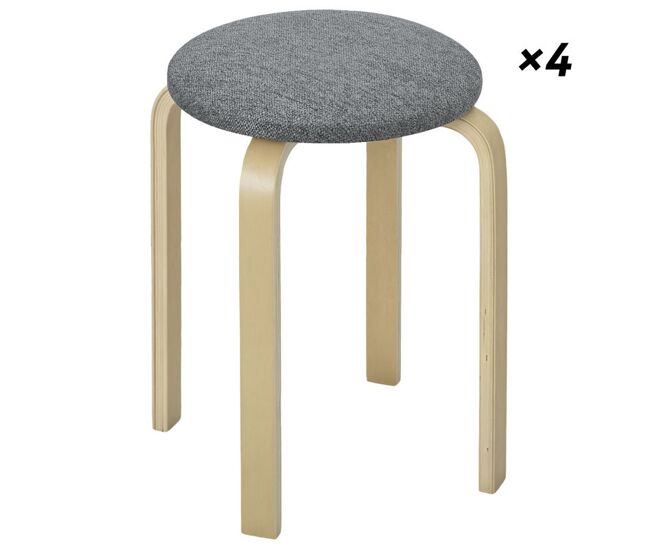 Homcom juego de 4 taburetes apilables redondos taburetes bajo de cocina de madera con asiento acolchado para comedor dormitorio oficina salón gris y natural