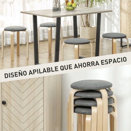 HOMCOM Conjunto de 4 Bancos Empilháveis Redondos Bancos Baixos de Cozinha com Assento Acolchoado para Sala de Jantar Quarto Escritório Sala Cinzento e Madeira