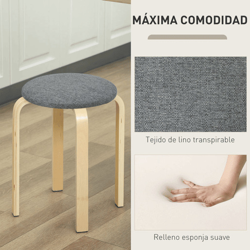 HOMCOM Conjunto de 4 Bancos Empilháveis Redondos Bancos Baixos de Cozinha com Assento Acolchoado para Sala de Jantar Quarto Escritório Sala Cinzento e Madeira