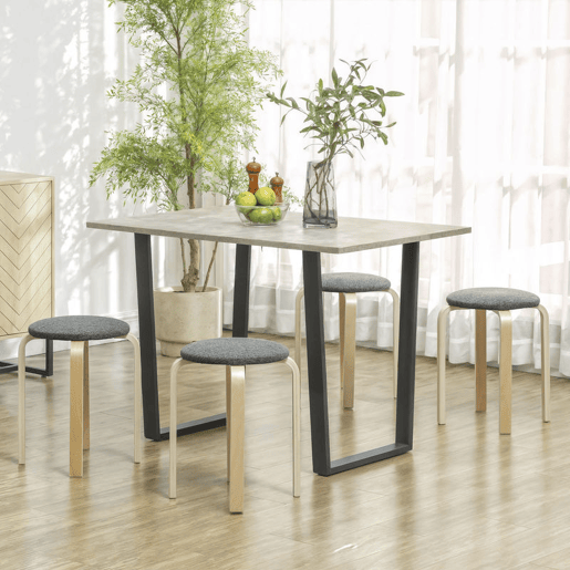 HOMCOM Conjunto de 4 Bancos Empilháveis Redondos Bancos Baixos de Cozinha com Assento Acolchoado para Sala de Jantar Quarto Escritório Sala Cinzento e Madeira