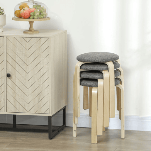 HOMCOM Conjunto de 4 Bancos Empilháveis Redondos Bancos Baixos de Cozinha com Assento Acolchoado para Sala de Jantar Quarto Escritório Sala Cinzento e Madeira
