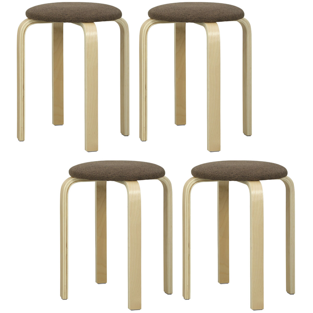 Homcom juego de 4 taburetes apilables redondos taburetes bajo de cocina de madera con asiento acolchado para comedor dormitorio oficina salón marrón y natural