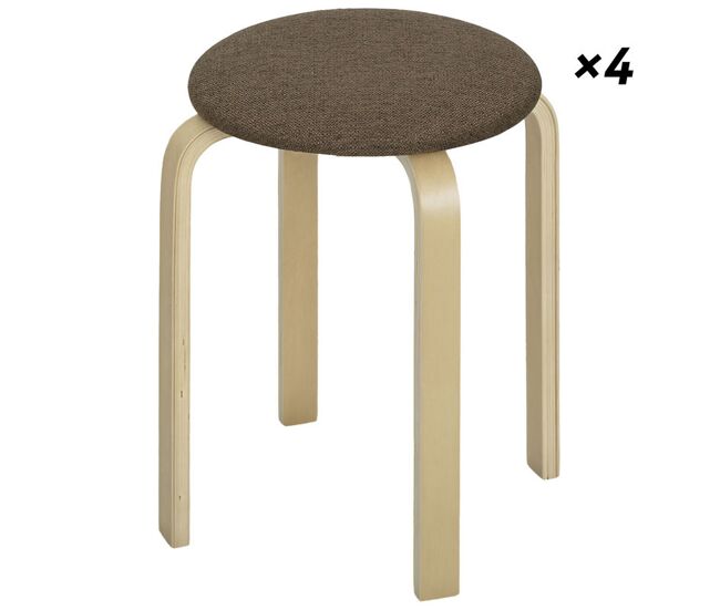 Homcom juego de 4 taburetes apilables redondos taburetes bajo de cocina de madera con asiento acolchado para comedor dormitorio oficina salón marrón y natural