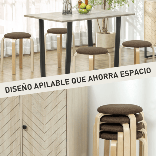 HOMCOM Conjunto de 4 Bancos Empilháveis Redondos Bancos Baixos de Cozinha com Assento Acolchoado para Sala de Jantar Quarto Escritório Sala Marrom e Madeira
