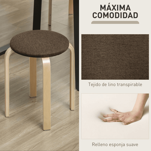 HOMCOM Conjunto de 4 Bancos Empilháveis Redondos Bancos Baixos de Cozinha com Assento Acolchoado para Sala de Jantar Quarto Escritório Sala Marrom e Madeira