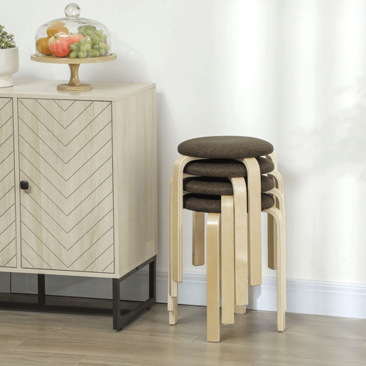 HOMCOM Conjunto de 4 Bancos Empilháveis Redondos Bancos Baixos de Cozinha com Assento Acolchoado para Sala de Jantar Quarto Escritório Sala Marrom e Madeira