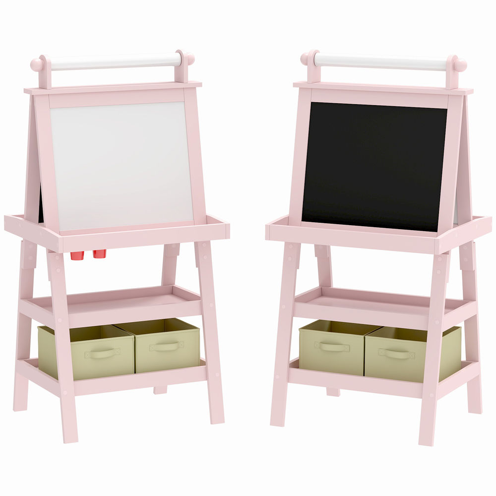Aiyaplay pizarra infantil caballete 3 en 1 pizarra infantil de doble cara magnética caballete de pintura para niños con rollo de papel y cestas de almacenamiento 59x48x118 cm rosa palo