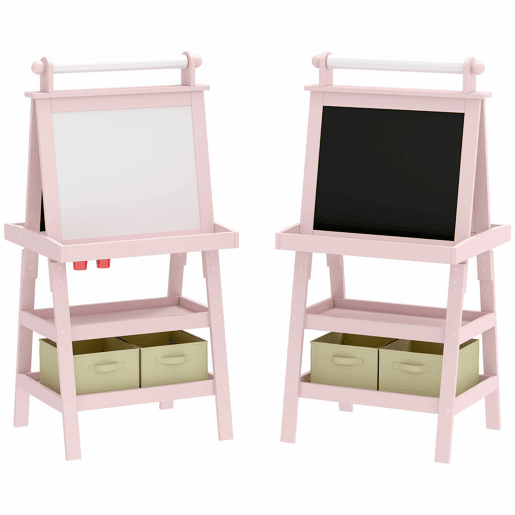 AIYAPLAY Quadro infantil Cavalete de Pintura Infantil 3 em 1 Quadro Magnético Dupla Face com Rolo de Papel e Cestos de Arrumação Rosa