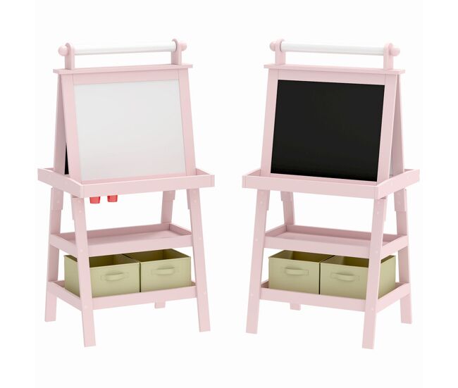 Aiyaplay pizarra infantil caballete 3 en 1 pizarra infantil de doble cara magnética caballete de pintura para niños con rollo de papel y cestas de almacenamiento 59x48x118 cm rosa palo