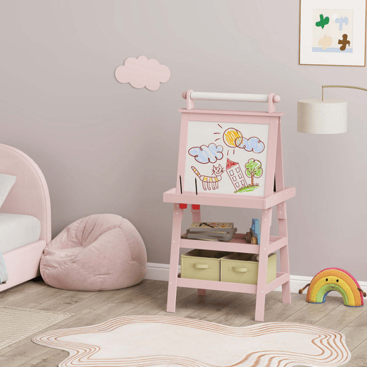 AIYAPLAY Quadro infantil Cavalete de Pintura Infantil 3 em 1 Quadro Magnético Dupla Face com Rolo de Papel e Cestos de Arrumação Rosa