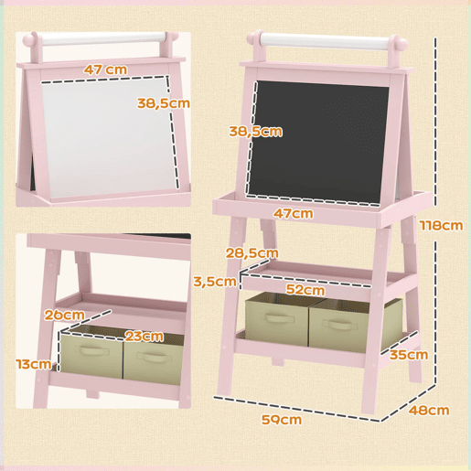 AIYAPLAY Quadro infantil Cavalete de Pintura Infantil 3 em 1 Quadro Magnético Dupla Face com Rolo de Papel e Cestos de Arrumação Rosa