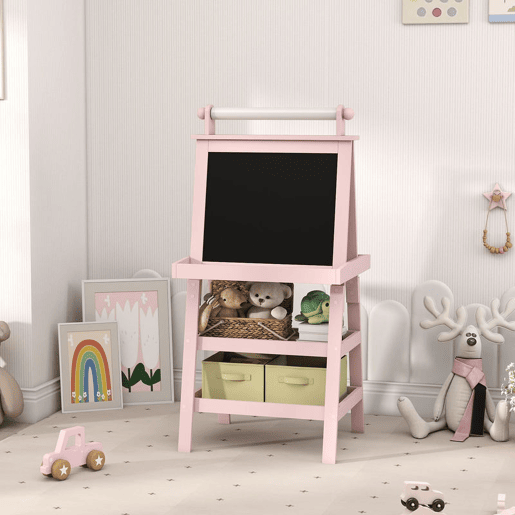 AIYAPLAY Quadro infantil Cavalete de Pintura Infantil 3 em 1 Quadro Magnético Dupla Face com Rolo de Papel e Cestos de Arrumação Rosa