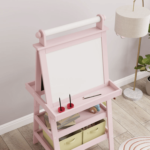 AIYAPLAY Quadro infantil Cavalete de Pintura Infantil 3 em 1 Quadro Magnético Dupla Face com Rolo de Papel e Cestos de Arrumação Rosa