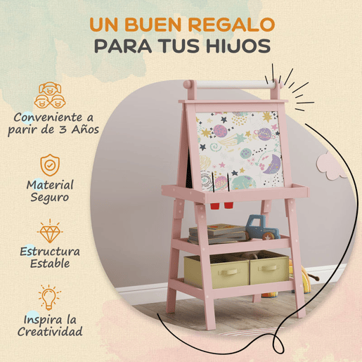 AIYAPLAY Quadro infantil Cavalete de Pintura Infantil 3 em 1 Quadro Magnético Dupla Face com Rolo de Papel e Cestos de Arrumação Rosa