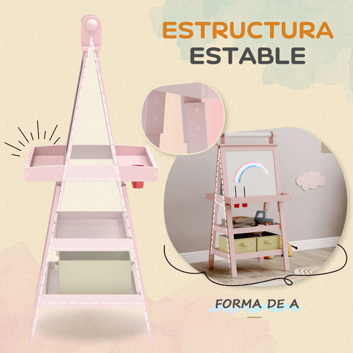 AIYAPLAY Quadro infantil Cavalete de Pintura Infantil 3 em 1 Quadro Magnético Dupla Face com Rolo de Papel e Cestos de Arrumação Rosa