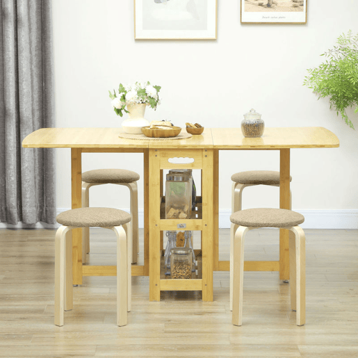 HOMCOM Conjunto de 4 Bancos Empilháveis Redondos Bancos Baixos de Cozinha com Assento Acolchoado para Sala de Jantar Quarto Escritório Sala Caqui e Madeira