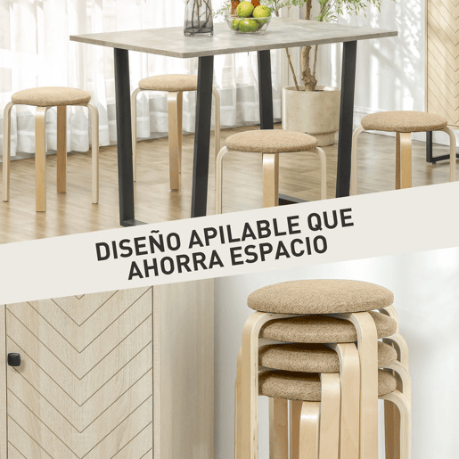 HOMCOM Conjunto de 4 Bancos Empilháveis Redondos Bancos Baixos de Cozinha com Assento Acolchoado para Sala de Jantar Quarto Escritório Sala Caqui e Madeira