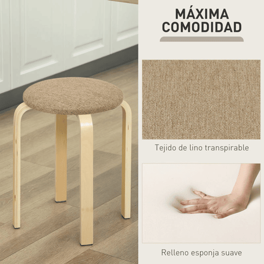 HOMCOM Conjunto de 4 Bancos Empilháveis Redondos Bancos Baixos de Cozinha com Assento Acolchoado para Sala de Jantar Quarto Escritório Sala Caqui e Madeira