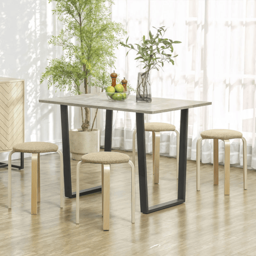 HOMCOM Conjunto de 4 Bancos Empilháveis Redondos Bancos Baixos de Cozinha com Assento Acolchoado para Sala de Jantar Quarto Escritório Sala Caqui e Madeira
