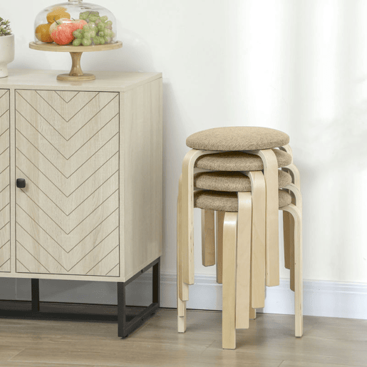 HOMCOM Conjunto de 4 Bancos Empilháveis Redondos Bancos Baixos de Cozinha com Assento Acolchoado para Sala de Jantar Quarto Escritório Sala Caqui e Madeira