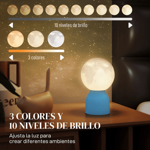HOMCOM Conjunto de 3 Candeeiros de Mesa de Cabeceira 3D Candeeiros de Mesa com 3 Cores Brilho Ajustável em 10 Níveis Conexão USB para Casa Escritório Quarto Branco