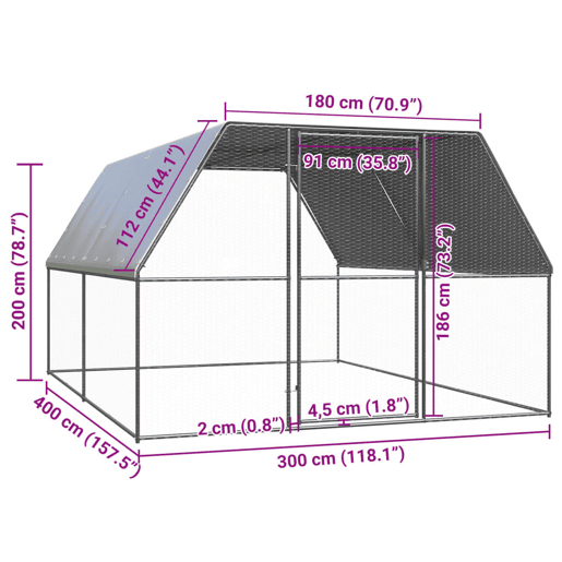 vidaXL Galinheiro de exterior 3x4x2 m aço galvanizado