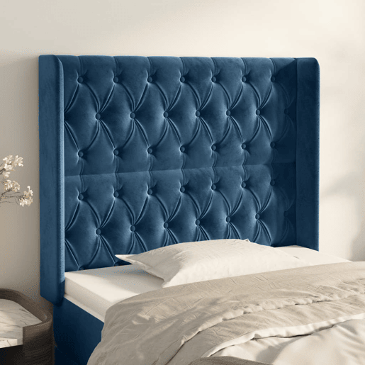 vidaXL Cabeceira cama c abas veludo 93x16x118128 cm azul-escuro