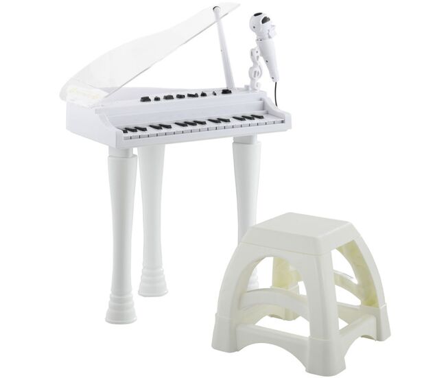 Aiyaplay piano electrónico infantil de 32 teclas juego de piano con micrófono taburete luces 22 canciones 4 sonidos patas desmontables y volumen ajustable 37x30,5x60,4 cm blanco