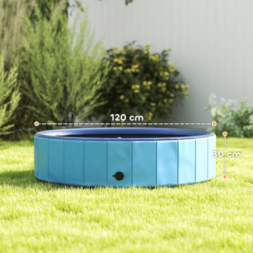 PawHut Piscina para Cães Dobrável com Aspersor Piscina Portátil para Animais de Estimação Grandes em PVC Antiderrapante e Resistente ao Desgaste para Interiores e Exteriores Ø120x30 cm Azul Claro