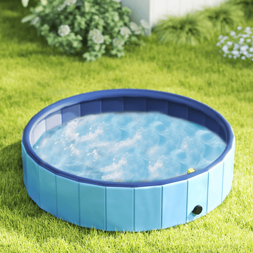 PawHut Piscina para Cães Dobrável com Aspersor Piscina Portátil para Animais de Estimação Grandes em PVC Antiderrapante e Resistente ao Desgaste para Interiores e Exteriores Ø120x30 cm Azul Claro