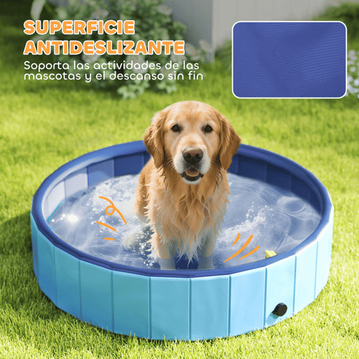 PawHut Piscina para Cães Dobrável com Aspersor Piscina Portátil para Animais de Estimação Grandes em PVC Antiderrapante e Resistente ao Desgaste para Interiores e Exteriores Ø120x30 cm Azul Claro