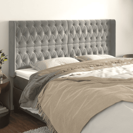 vidaXL Cabeceira cama c abas veludo 183x16x118128 cm cinzento-claro vidaXL Cabeceira cama c abas veludo 183x16x118128 cm cinzento-claro