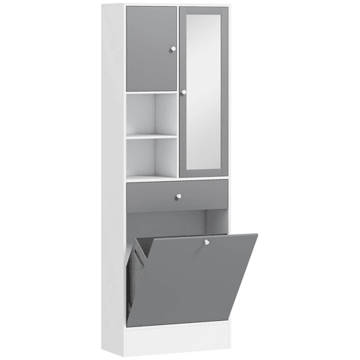 HOMCOM Armário de Casa de Banho com Cesto para Roupa Suja Armário Alto de Casa de Banho Estreito com Espelho Gaveta Compartimentos Abertos e Prateleiras Ajustáveis 62x28,3x181 cm Branco e Cinza HOMCOM Armário de Casa de Banho com Cesto para Roupa Suja Armário Alto de Casa de Banho Estreito com Espelho Gaveta Compartimentos Abertos e Prateleiras Ajustáveis 62x28,3x181 cm Branco e Cinza