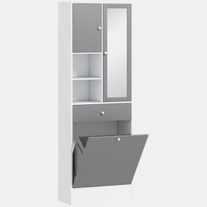 HOMCOM Armário de Casa de Banho com Cesto para Roupa Suja Armário Alto de Casa de Banho Estreito com Espelho Gaveta Compartimentos Abertos e Prateleiras Ajustáveis 62x28,3x181 cm Branco e Cinza