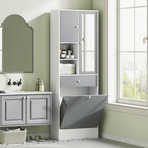 HOMCOM Armário de Casa de Banho com Cesto para Roupa Suja Armário Alto de Casa de Banho Estreito com Espelho Gaveta Compartimentos Abertos e Prateleiras Ajustáveis 62x28,3x181 cm Branco e Cinza HOMCOM Armário de Casa de Banho com Cesto para Roupa Suja Armário Alto de Casa de Banho Estreito com Espelho Gaveta Compartimentos Abertos e Prateleiras Ajustáveis 62x28,3x181 cm Branco e Cinza