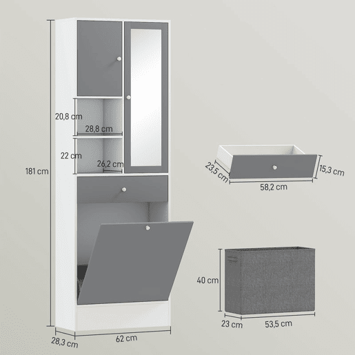 HOMCOM Armário de Casa de Banho com Cesto para Roupa Suja Armário Alto de Casa de Banho Estreito com Espelho Gaveta Compartimentos Abertos e Prateleiras Ajustáveis 62x28,3x181 cm Branco e Cinza HOMCOM Armário de Casa de Banho com Cesto para Roupa Suja Armário Alto de Casa de Banho Estreito com Espelho Gaveta Compartimentos Abertos e Prateleiras Ajustáveis 62x28,3x181 cm Branco e Cinza