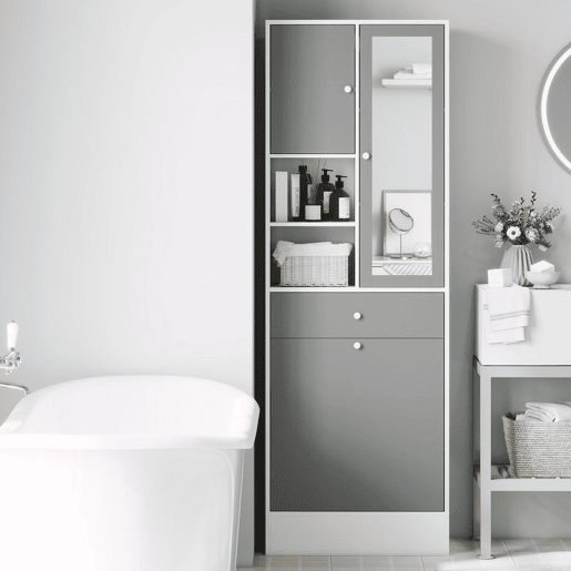 HOMCOM Armário de Casa de Banho com Cesto para Roupa Suja Armário Alto de Casa de Banho Estreito com Espelho Gaveta Compartimentos Abertos e Prateleiras Ajustáveis 62x28,3x181 cm Branco e Cinza HOMCOM Armário de Casa de Banho com Cesto para Roupa Suja Armário Alto de Casa de Banho Estreito com Espelho Gaveta Compartimentos Abertos e Prateleiras Ajustáveis 62x28,3x181 cm Branco e Cinza