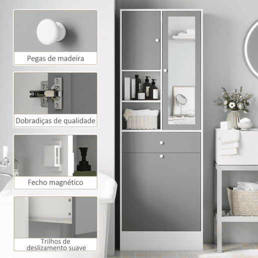 HOMCOM Armário de Casa de Banho com Cesto para Roupa Suja Armário Alto de Casa de Banho Estreito com Espelho Gaveta Compartimentos Abertos e Prateleiras Ajustáveis 62x28,3x181 cm Branco e Cinza HOMCOM Armário de Casa de Banho com Cesto para Roupa Suja Armário Alto de Casa de Banho Estreito com Espelho Gaveta Compartimentos Abertos e Prateleiras Ajustáveis 62x28,3x181 cm Branco e Cinza