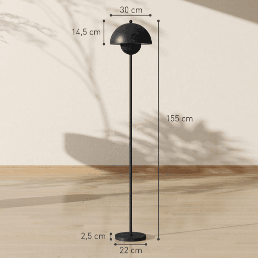 HOMCOM Candeeiro de Pé Moderno 155 cm Candeeiro de Pé para Sala com Ecrã em Forma de Taça Refletora de Luz Interruptor de Pé Suporte E27 sem Lâmpada para Quarto Escritório Sala de Estar Ø35x155 cm Preto