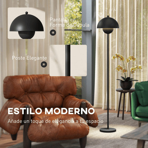 HOMCOM Candeeiro de Pé Moderno 155 cm Candeeiro de Pé para Sala com Ecrã em Forma de Taça Refletora de Luz Interruptor de Pé Suporte E27 sem Lâmpada para Quarto Escritório Sala de Estar Ø35x155 cm Preto