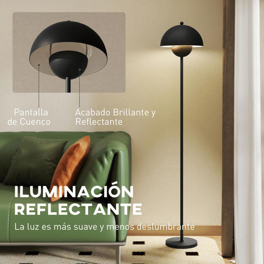 HOMCOM Candeeiro de Pé Moderno 155 cm Candeeiro de Pé para Sala com Ecrã em Forma de Taça Refletora de Luz Interruptor de Pé Suporte E27 sem Lâmpada para Quarto Escritório Sala de Estar Ø35x155 cm Preto